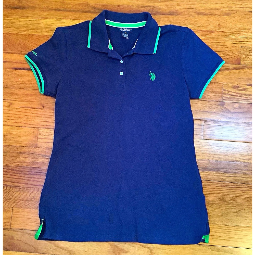 U.S. Polo Assn. Womens Polo Shirt M Blue/Green Trim Cotton Pique Golf Preppy